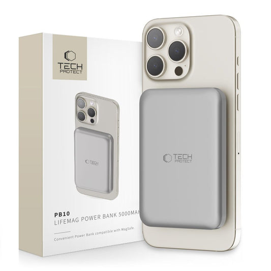 Batería externa inalámbrica Tech-Protect PB10 LifeMag, 5000mAh, 15W, PD + FQI, 1 x QI - 1 x USB-C, Gris
