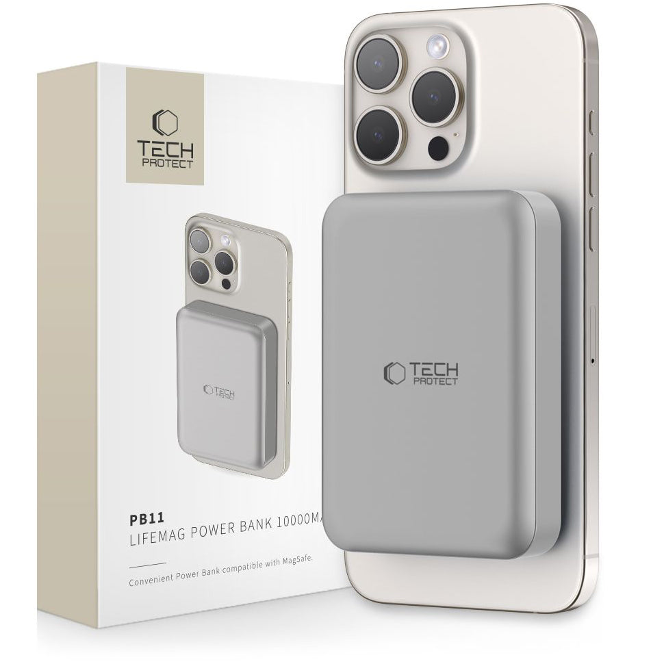 Batería externa inalámbrica Tech-Protect PB11 LifeMag, 10000mAh, 15W, PD + FQI, 1 x QI - 1 x USB-C, Gris