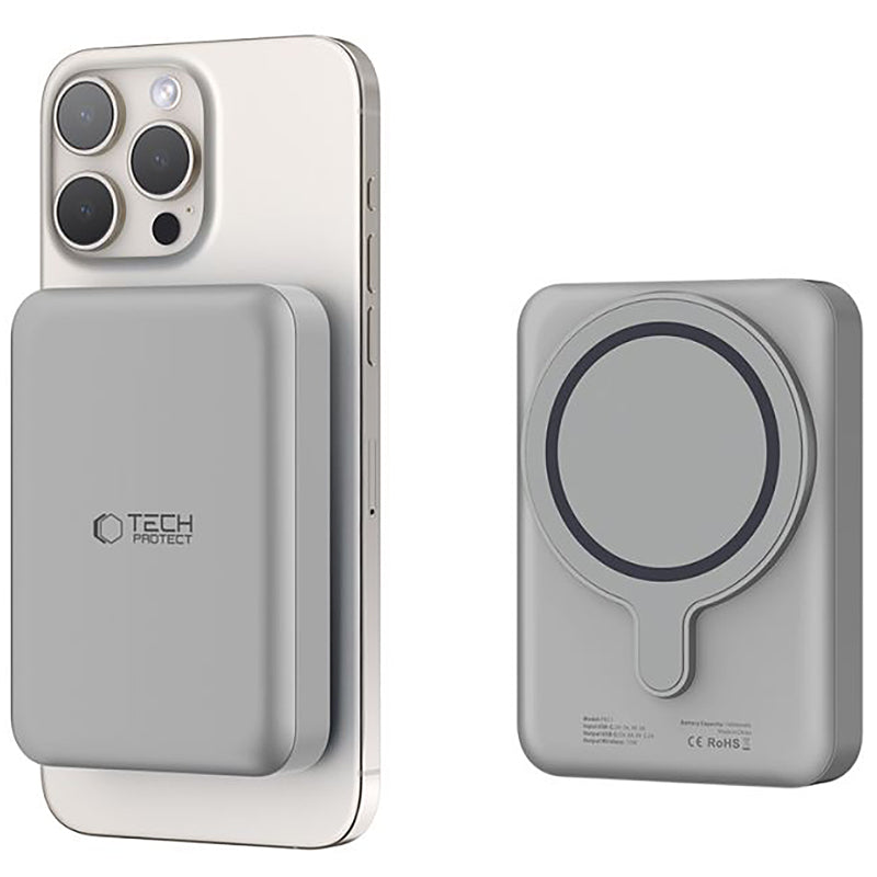 Batería externa inalámbrica Tech-Protect PB11 LifeMag, 10000mAh, 15W, PD + FQI, 1 x QI - 1 x USB-C, Gris