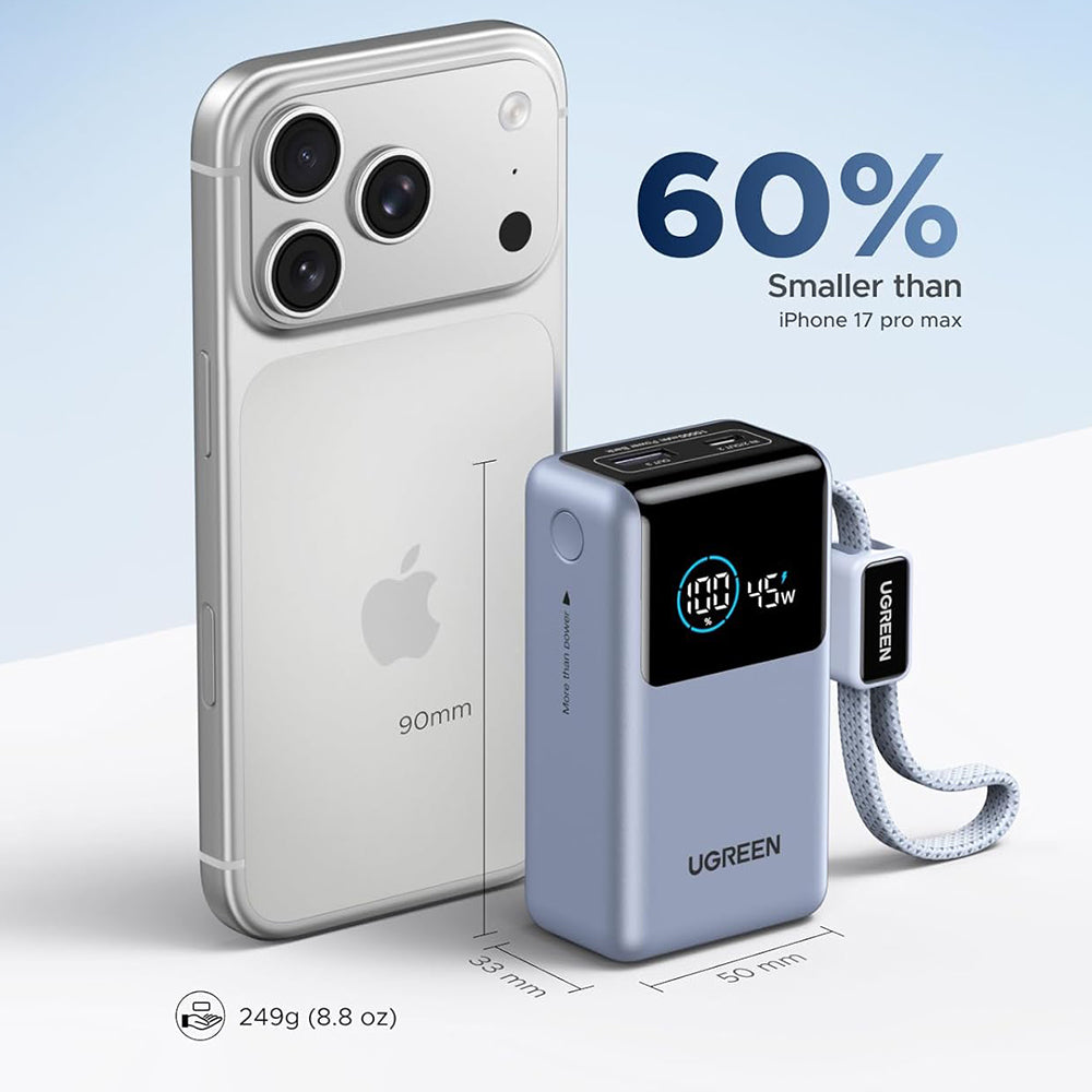 Batería Externa UGREEN Nexode Pro PB727 (75701B), 10000mAh, 55W, QC + PD, 1 x USB-A - 2 x USB-C, Gris