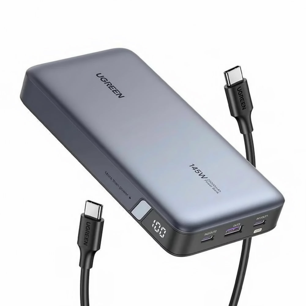 Batería Externa UGREEN PB205, 25000mAh, 145W, QC + PD, 1 x USB-A - 2 x USB-C, Gris