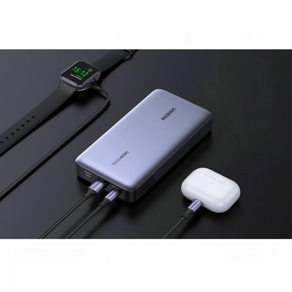 Batería Externa UGREEN PB205, 25000mAh, 145W, QC + PD, 1 x USB-A - 2 x USB-C, Gris