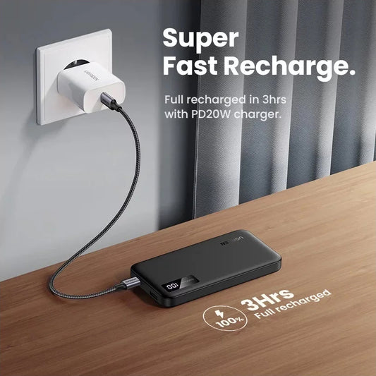 Batería Externa UGREEN PB311, 10000mAh, 22.5W, QC + PD, 1 x USB-C - 2 x USB-A, Negra
