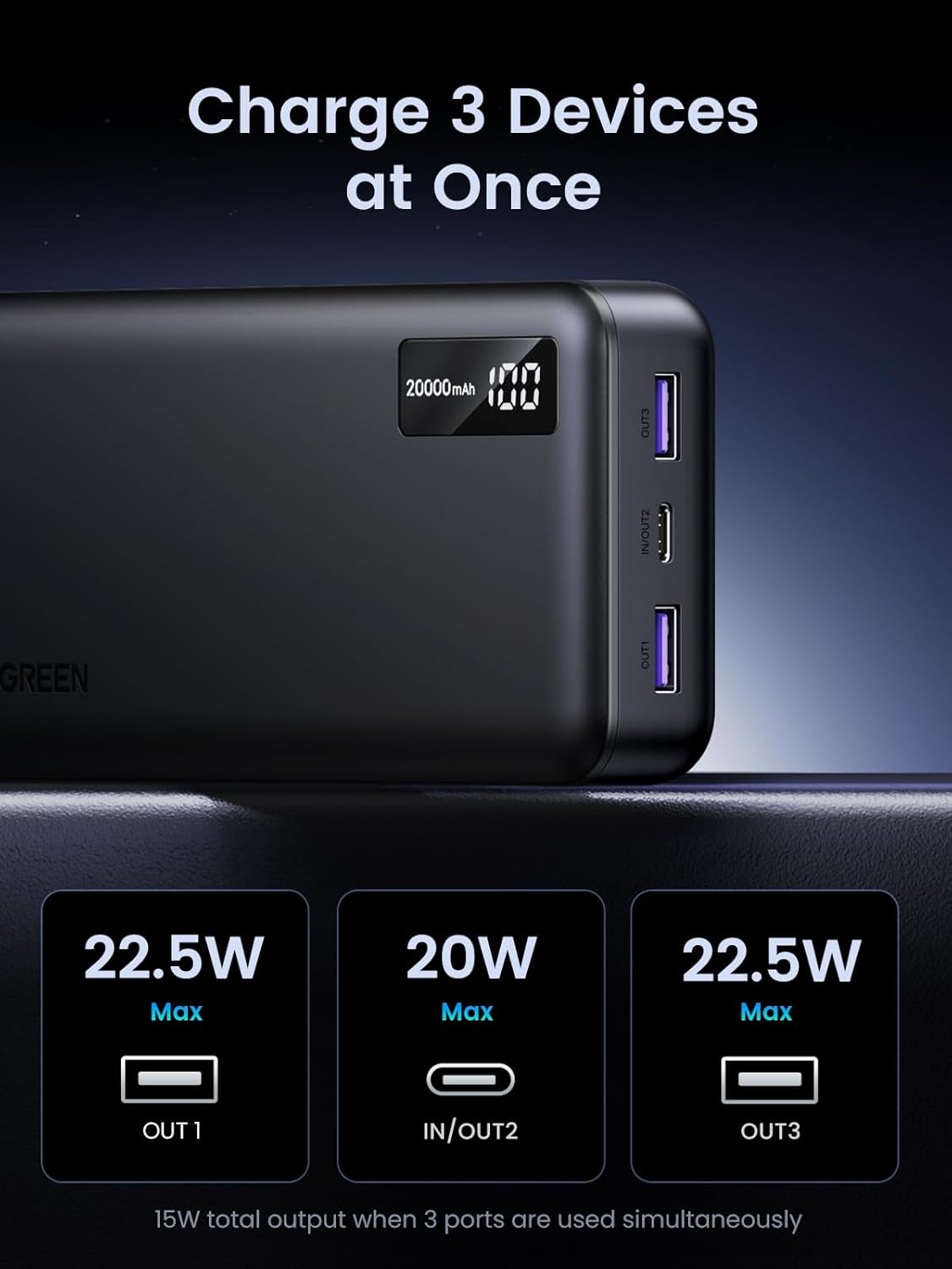 UGREEN PB312 External Battery, 20000mAh, 22.5W, QC + PD, 1 x USB-C - 2 x USB-A, Black