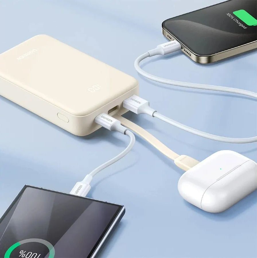 Batería Externa UGREEN PB521, 20000mAh, 30W, QC + PD, 1 x USB-A - 2 x USB-C, Blanca