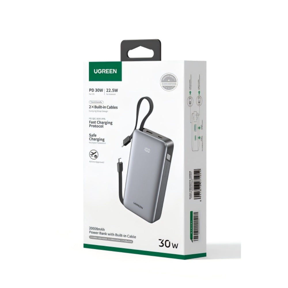 Batería Externa UGREEN PB528 (55985B), 20000mAh, 30W, QC + PD, 1 x USB-A - 3 x USB-C, Gris