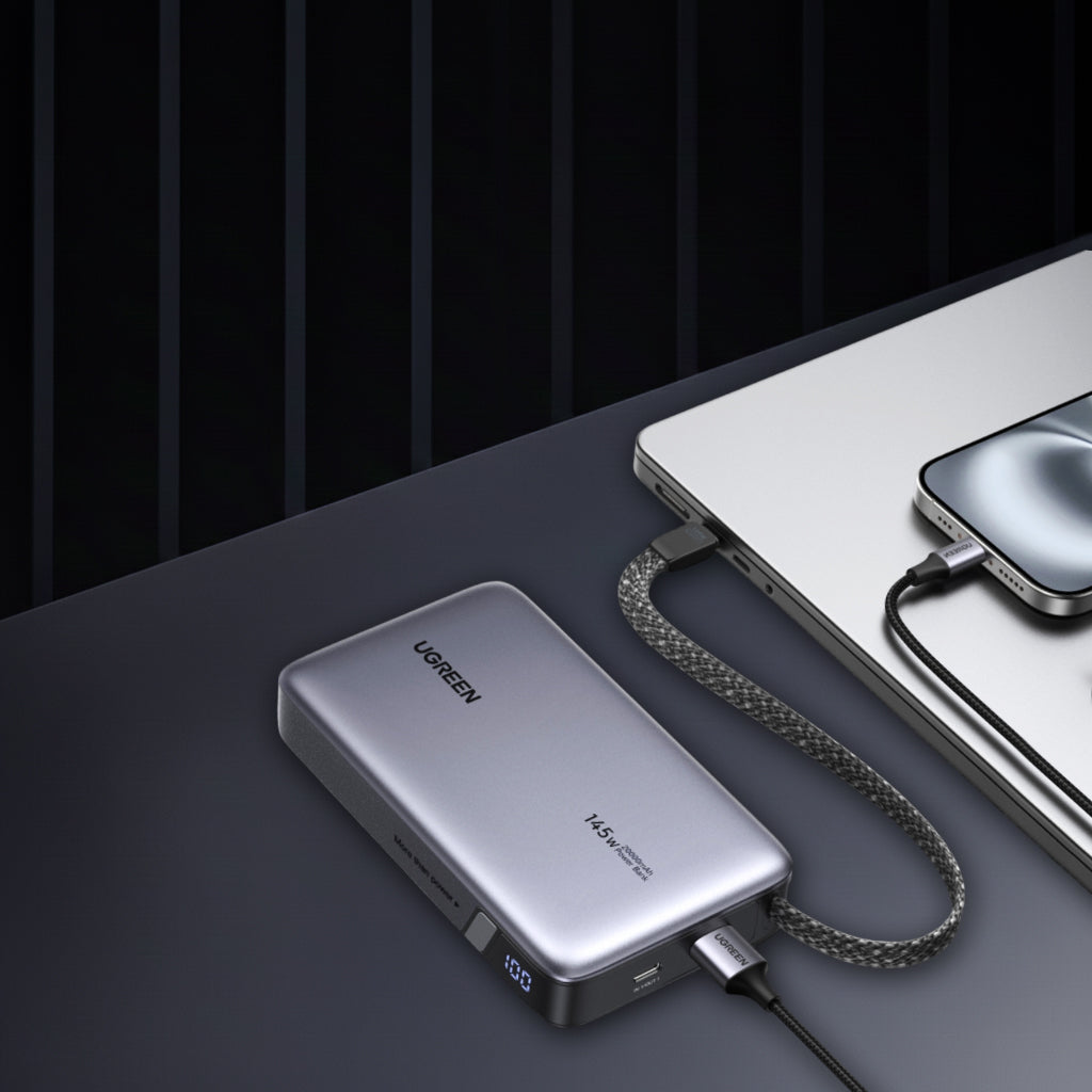 Batería Externa UGREEN PB551 (55992B), 20000mAh, 145W, QC + PD, 1 x USB-A - 2 x USB-C, Gris