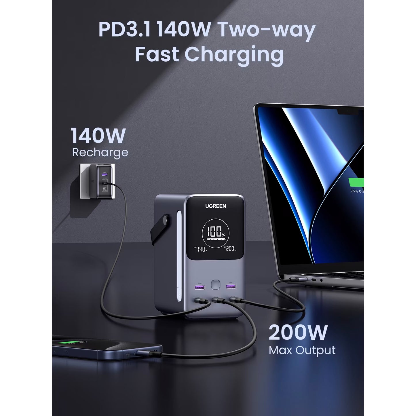 Batería Externa UGREEN PB770, 48000mAh, 300W, QC + PD, 2 x USB-A - 3 x USB-C, Gris