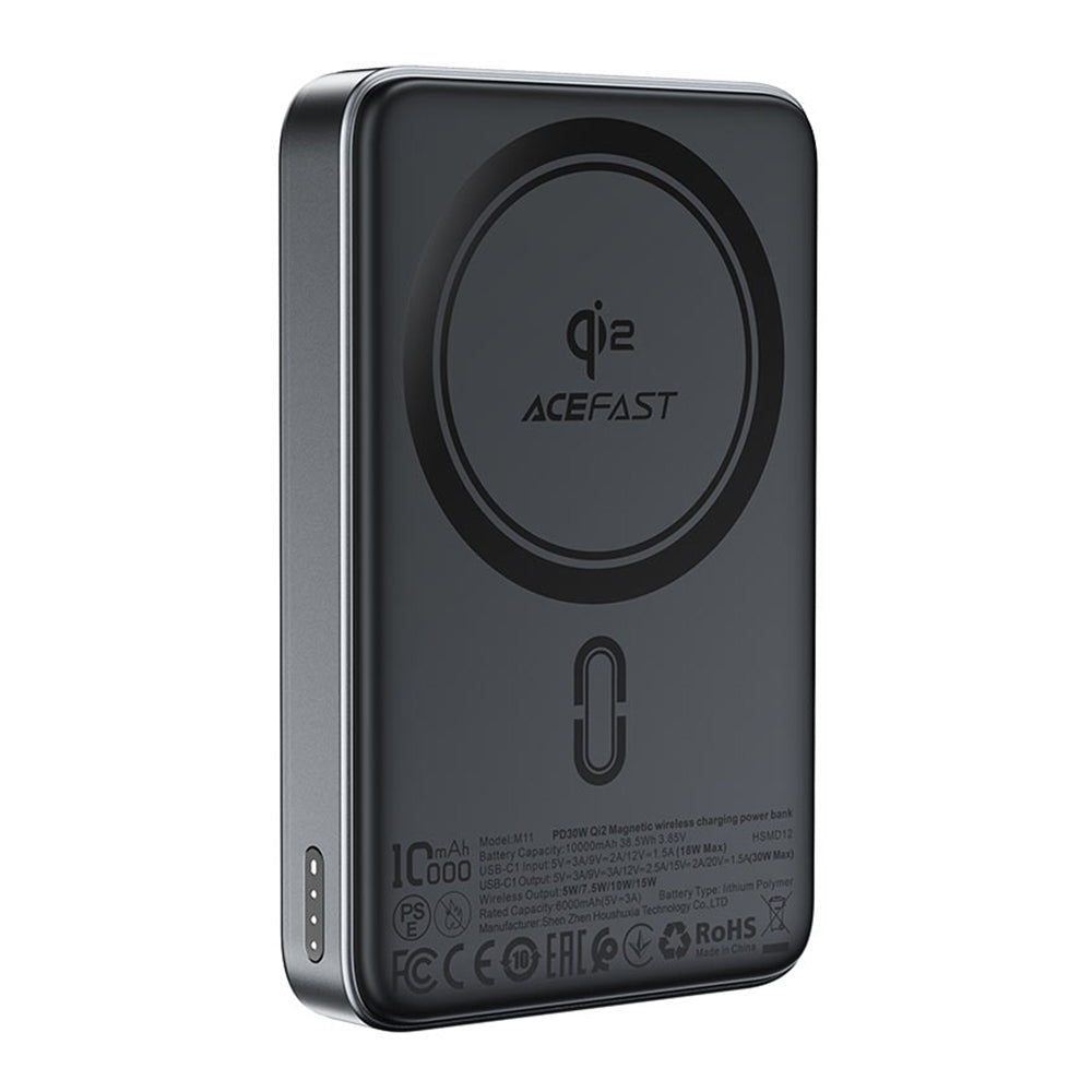 Batería Externa Inalámbrica Acefast M11, 10000mAh, 30W, PD + FQI, 1 x QI - 1 x USB-C, Negra