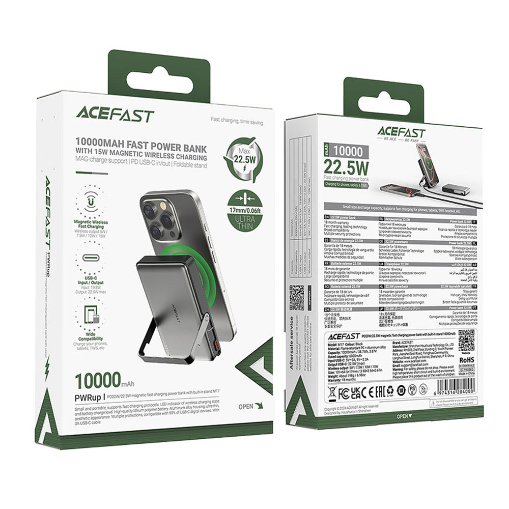 Batería Externa Inalámbrica Acefast M17, 10000mAh, 22.5W, PD + FQI, 1 x QI - 1 x USB-C, Negra