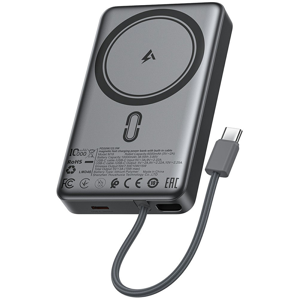 Batería Externa Inalámbrica Acefast M18, 10000mAh, 22.5W, PD + FQI, 1 x QI - 2 x USB-C, Negra