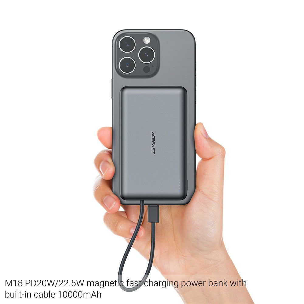 Batería Externa Inalámbrica Acefast M18, 10000mAh, 22.5W, PD + FQI, 1 x QI - 2 x USB-C, Negra