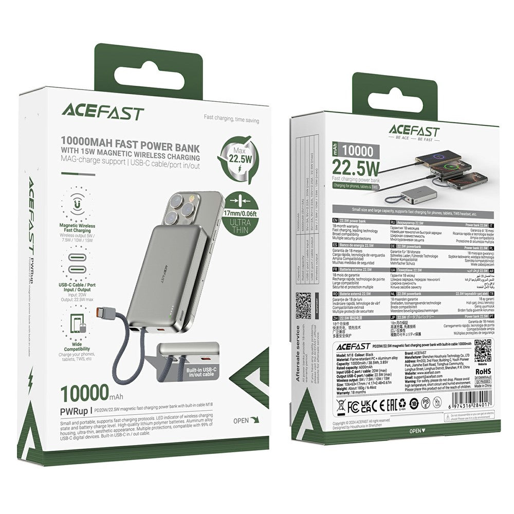 Batería Externa Inalámbrica Acefast M18, 10000mAh, 22.5W, PD + FQI, 1 x QI - 2 x USB-C, Negra