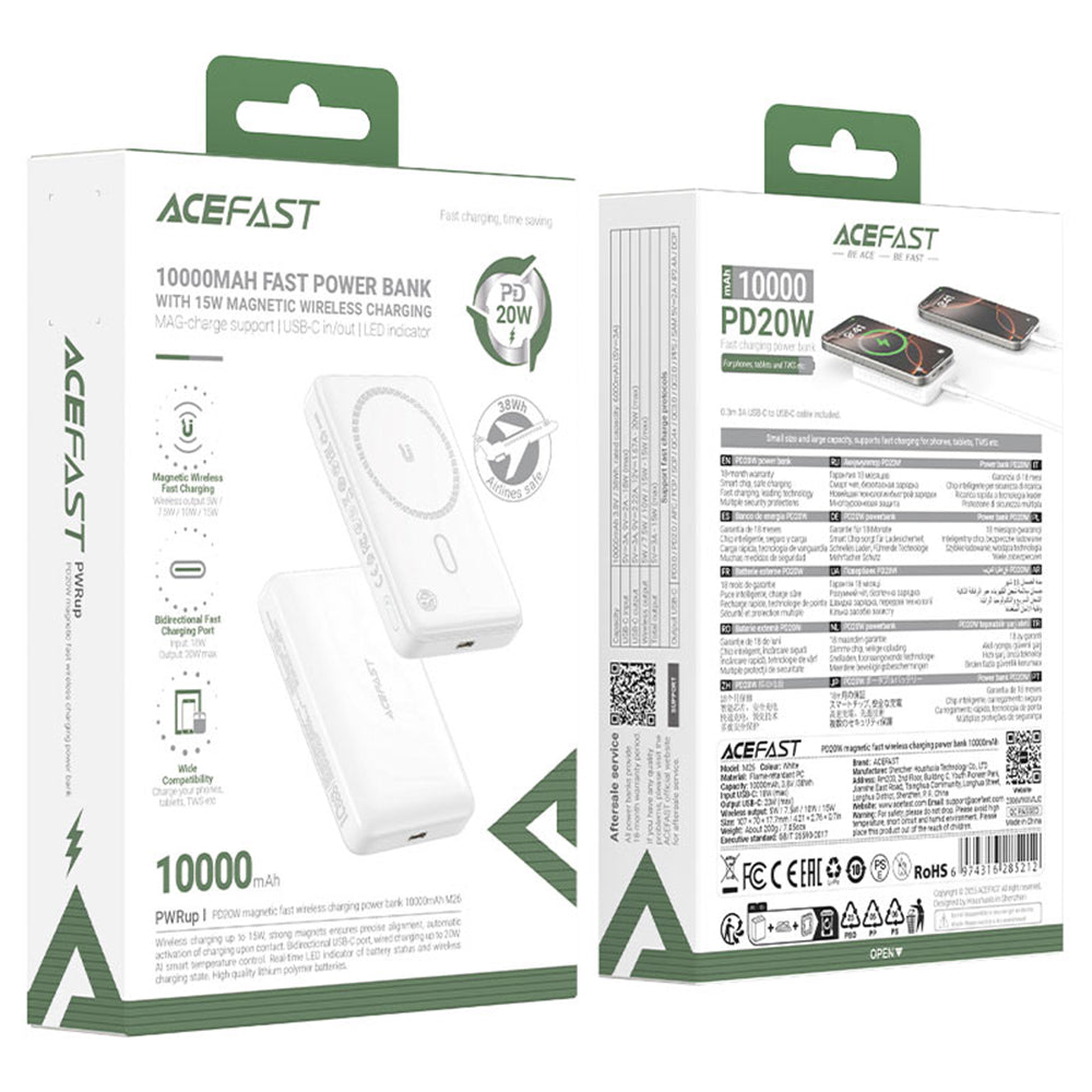 Batería Externa Inalámbrica Acefast M26, 10000mAh, 20W, PD + FQI, 1 x QI - 1 x USB-C, Blanca