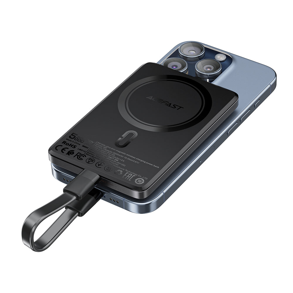 Batería Externa Inalámbrica Acefast M8, 5000mAh, 18W, PD + FQI, 1 x QI - 1 x USB-C, Negra