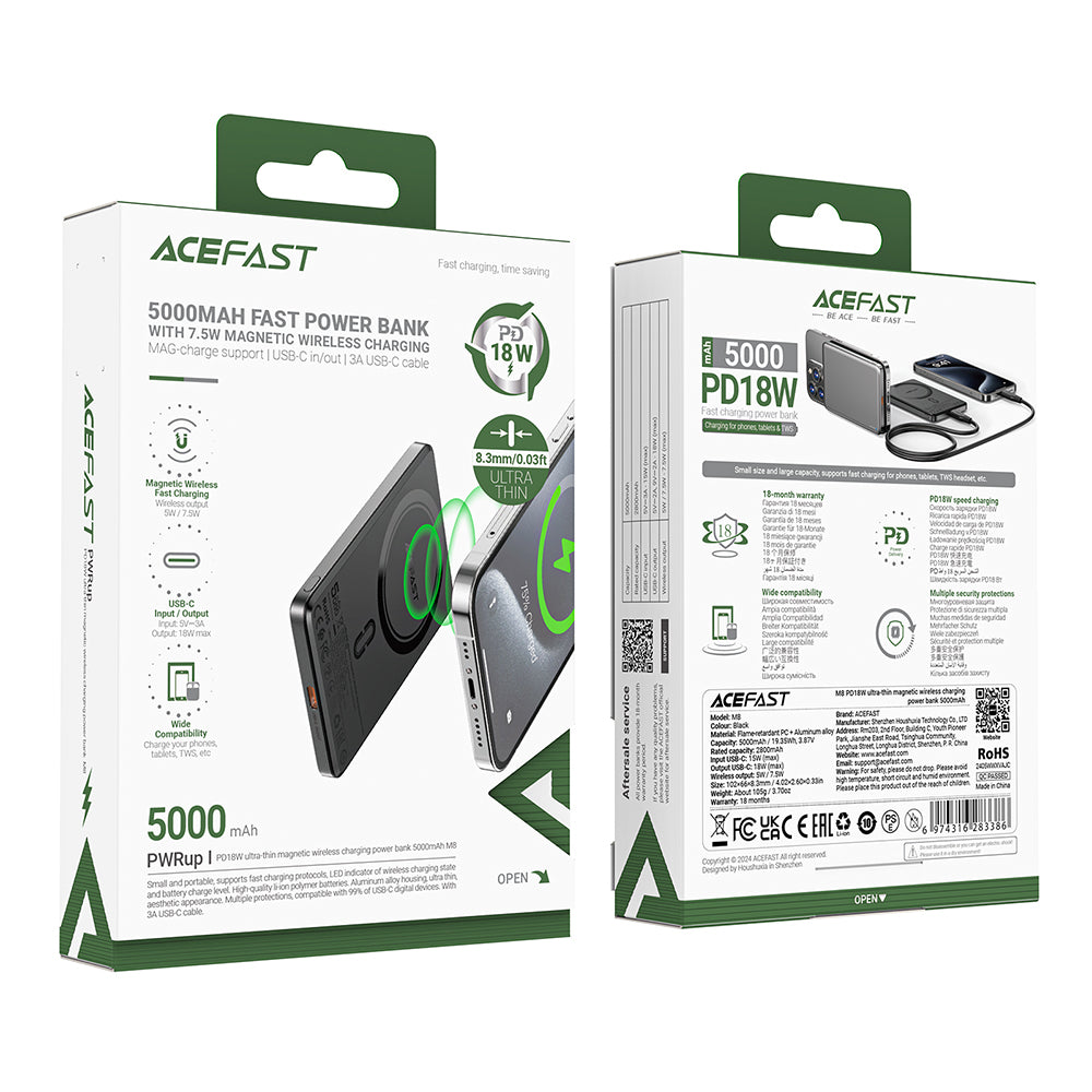 Batería Externa Inalámbrica Acefast M8, 5000mAh, 18W, PD + FQI, 1 x QI - 1 x USB-C, Negra