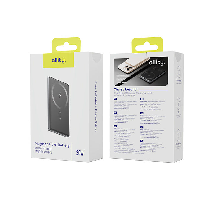 Batería Externa Inalámbrica Allity. APB-300, 5000mAh, 20W, PD + FQI, 1 x QI - 1 x USB-C, Gris