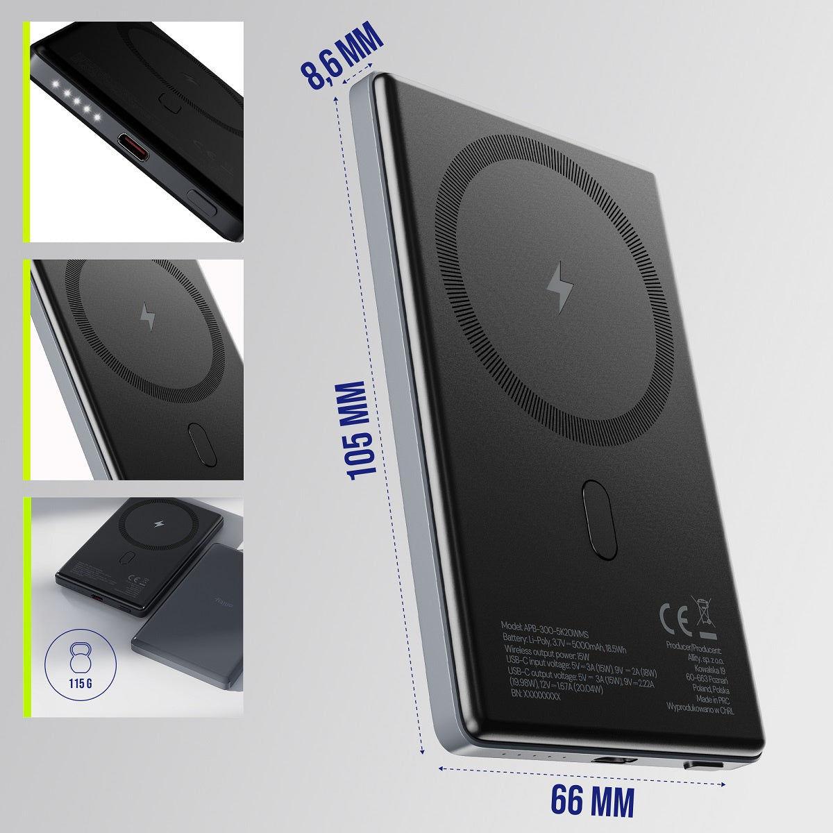 Batería Externa Inalámbrica Allity. APB-300, 5000mAh, 20W, PD + FQI, 1 x QI - 1 x USB-C, Gris