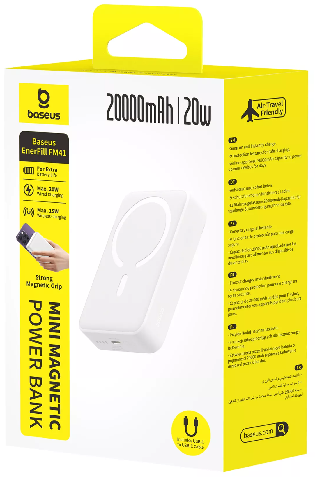Batería Externa Inalámbrica Baseus EnerFill FM41 Mini, 20000mAh, 20W, PD + FQI, 1 x QI - 1 x USB-C, Blanca E0027U01