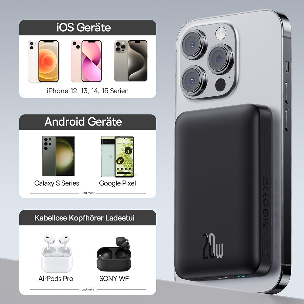 Batería Externa Inalámbrica Baseus Magnetic Mini, 10000mAh, 20W, PD + FQI, 1 x QI - 1 x USB-C, Negra P10059001113-00