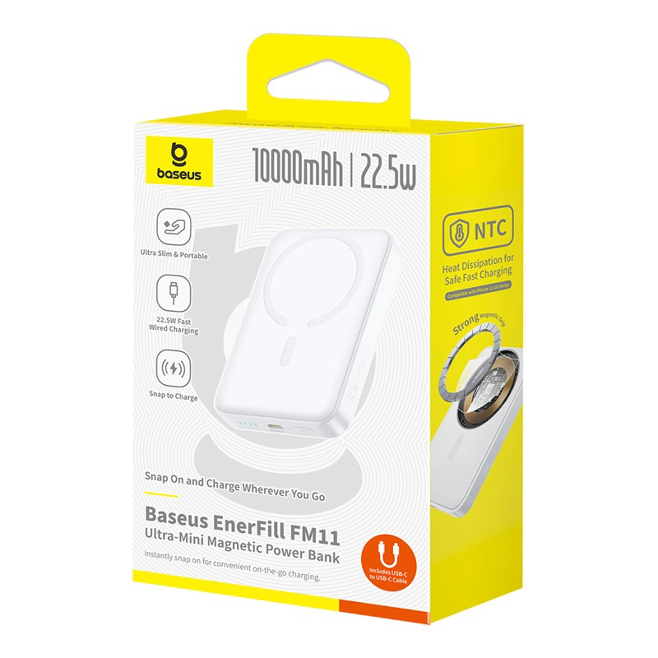 Batería Externa Inalámbrica Baseus EnerFill FM11 Ultra-Mini, 10000mAh, 22.5W, PD + FQI, 1 x QI - 1 x USB-C, Blanca P1008210E213-00