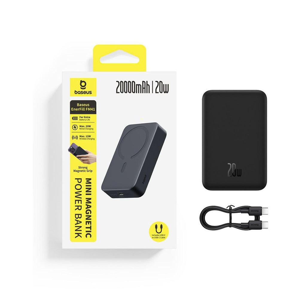 Batería Externa Inalámbrica Baseus EnerFill FM41, 20000mAh, 20W, PD - FQI, 1 x QI - 1 x USB-C, Negra E0027U00