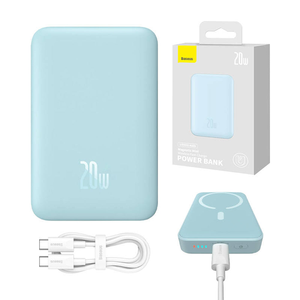 Batería Externa Inalámbrica Baseus Magnetic Mini, 10000mAh, 20W, PD + FQI, 1 x QI - 1 x USB-C, Azul PPCX110103