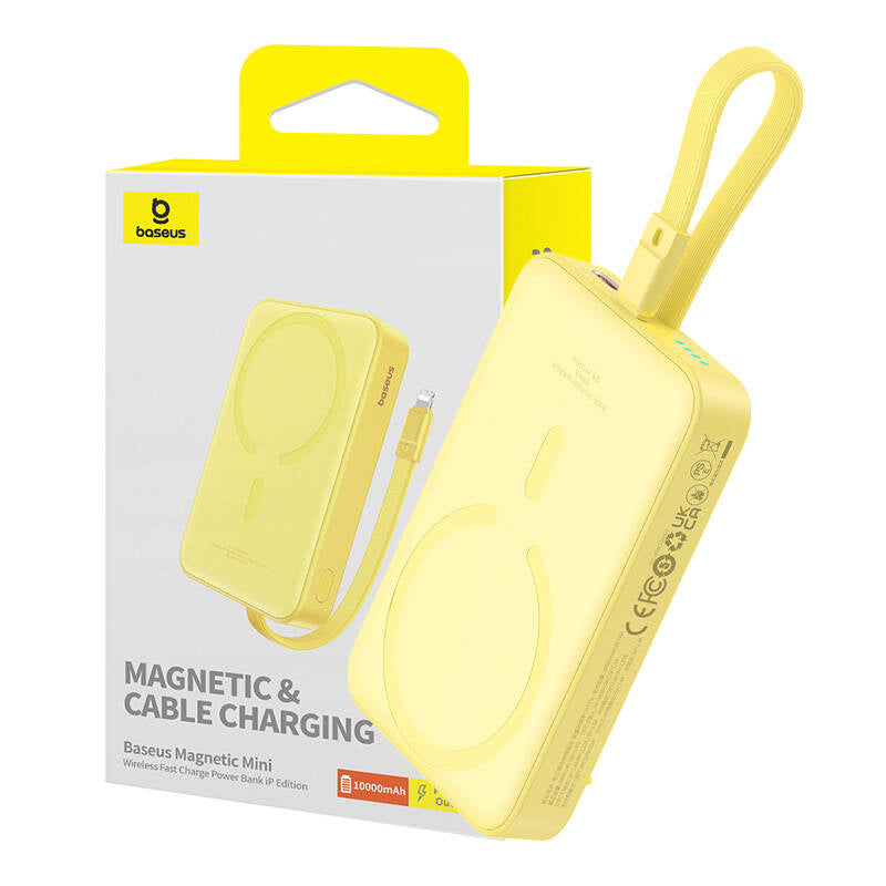 Batería Externa Inalámbrica Baseus Magnetic Mini, 10000mAh, 20W, PD + FQI, 1 x Lightning - 1 x QI - 1 x USB-C, Amarilla P10022109Y23-00