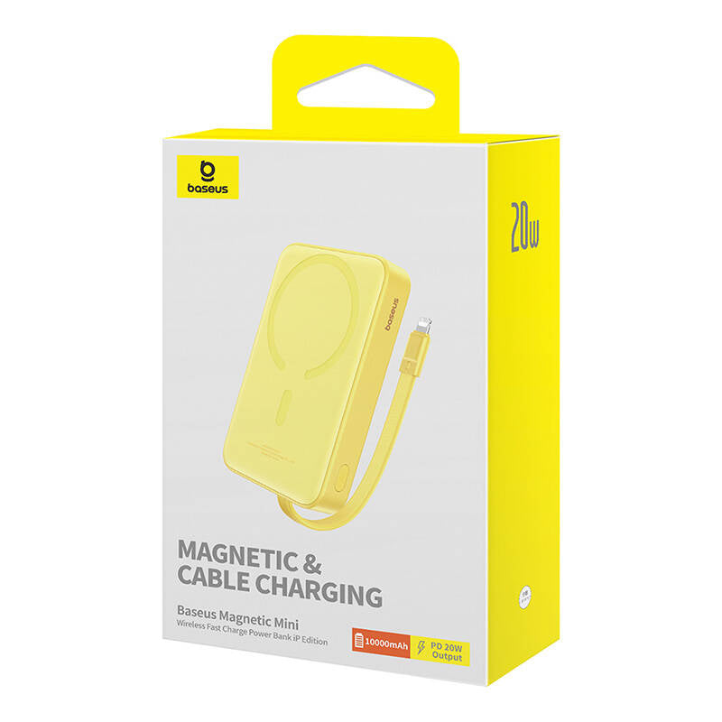 Batería Externa Inalámbrica Baseus Magnetic Mini, 10000mAh, 20W, PD + FQI, 1 x Lightning - 1 x QI - 1 x USB-C, Amarilla P10022109Y23-00