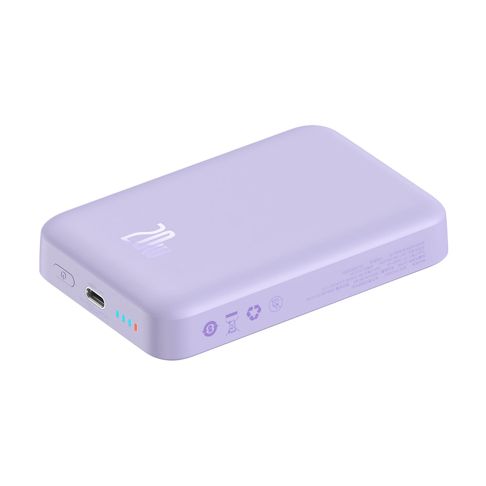 Batería Externa Inalámbrica Baseus Magnetic Mini, 10000mAh, 20W, PD + FQI, 1 x QI - 1 x USB-C, Morado PPCX110105