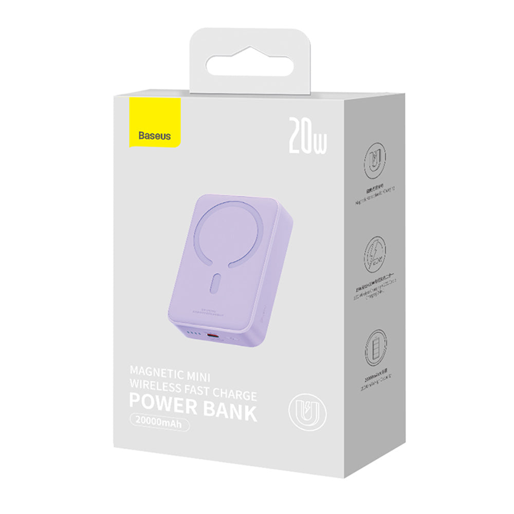 Batería Externa Inalámbrica Baseus Magnetic Mini, 20000mAh, 20W, PD + FQI, 1 x QI - 1 x USB-C, Morado PPCX150005