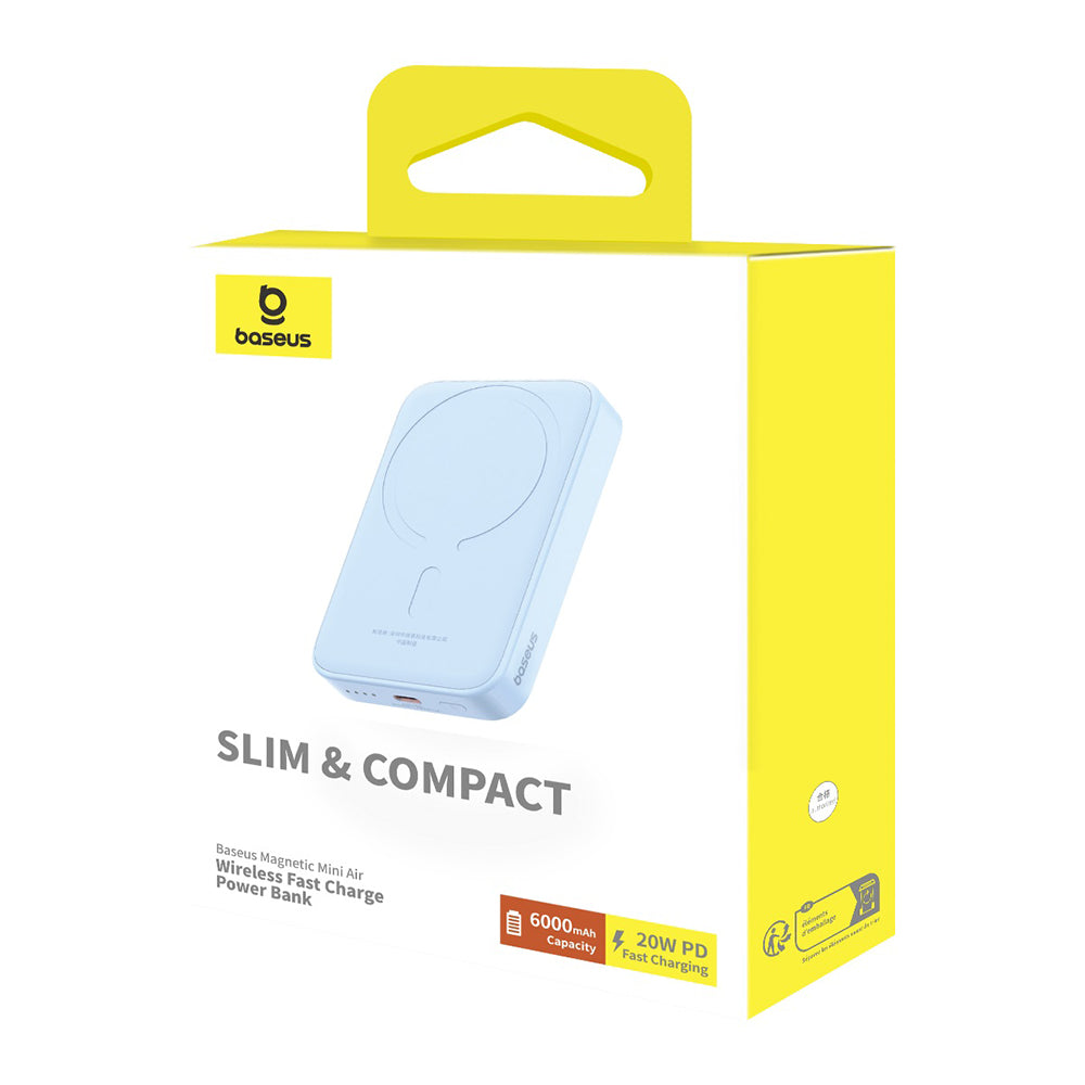Batería Externa Inalámbrica Baseus Mini Air, 6000mAh, 20W, PD + FQI, 1 x QI - 1 x USB-C, Azul P10059002313-00