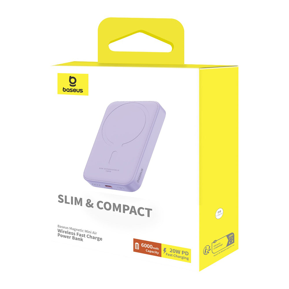 Batería Externa Inalámbrica Baseus Mini Air, 6000mAh, 20W, PD + FQI, 1 x QI - 1 x USB-C, Morado P10059002513-00