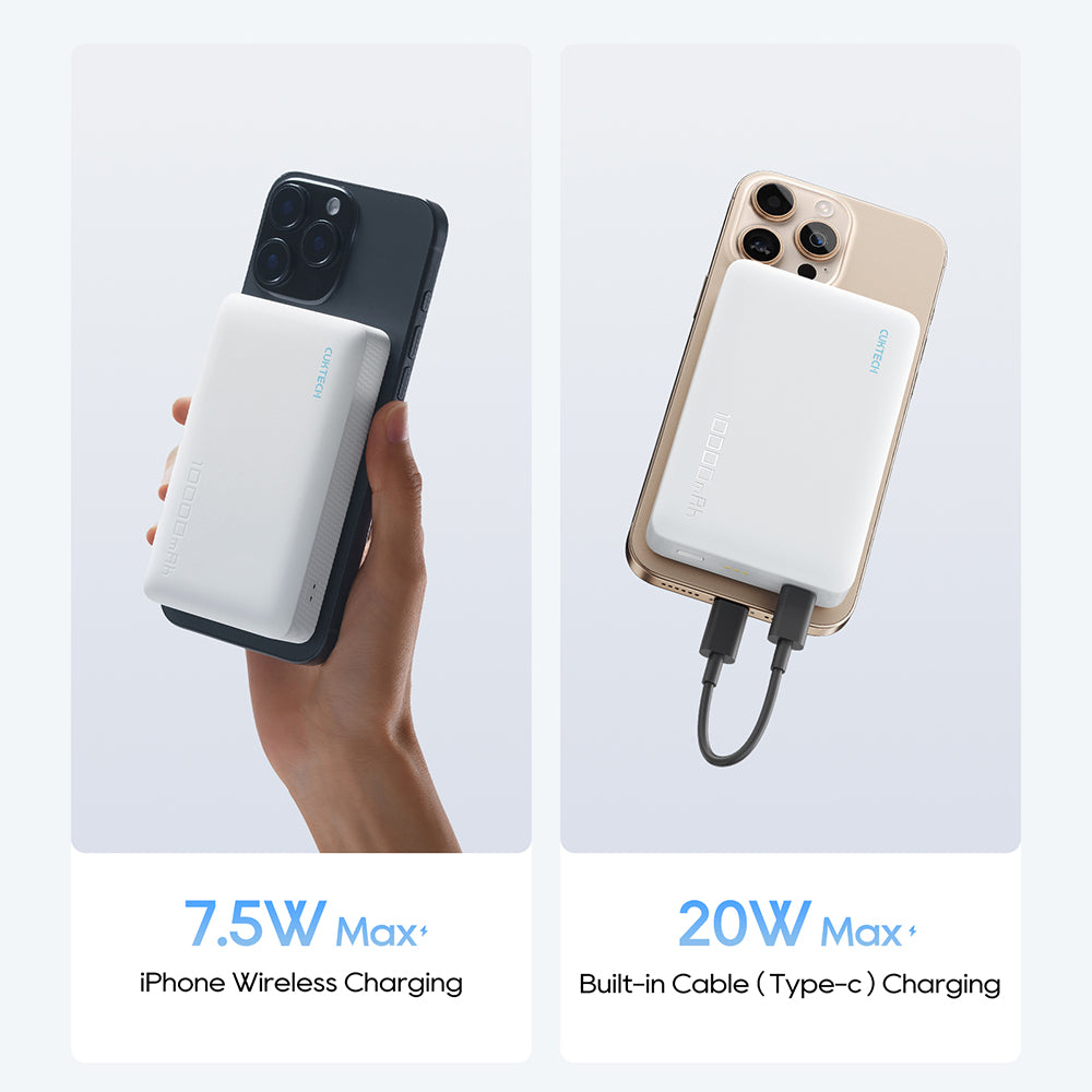 Batería Externa Inalámbrica Cuktech WPB100N, 10000mAh, 20W, PD + FQI, 1 x QI - 1 x USB-C, Blanca CKWPB100NGLGR