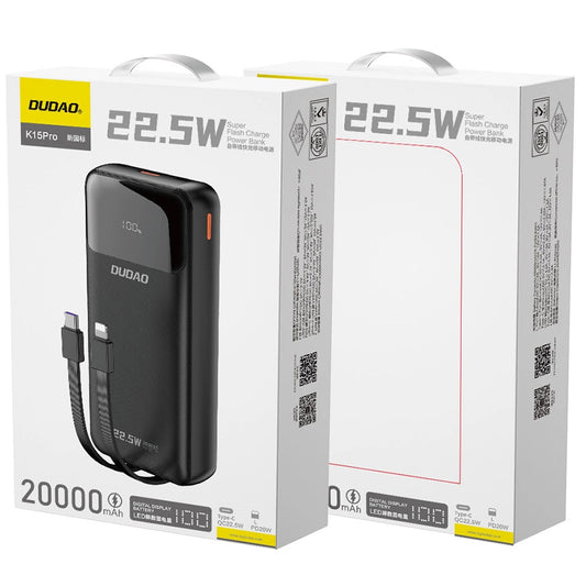 Batería externa Dudao K15Pro, 20000mAh, 22.5W, QC + PD, 1 x USB-A - 1 x USB-C, Negro