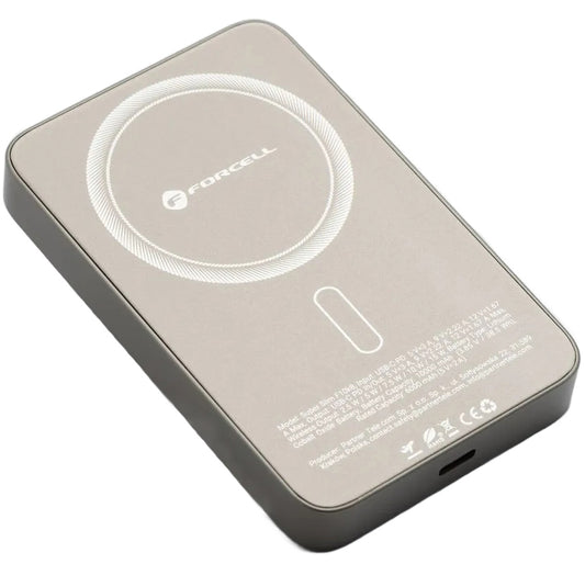 Batería Externa Inalámbrica Forcell F5K8, 5000mAh, 15W, PD + FQI, 1 x QI - 1 x USB-C, Dorada