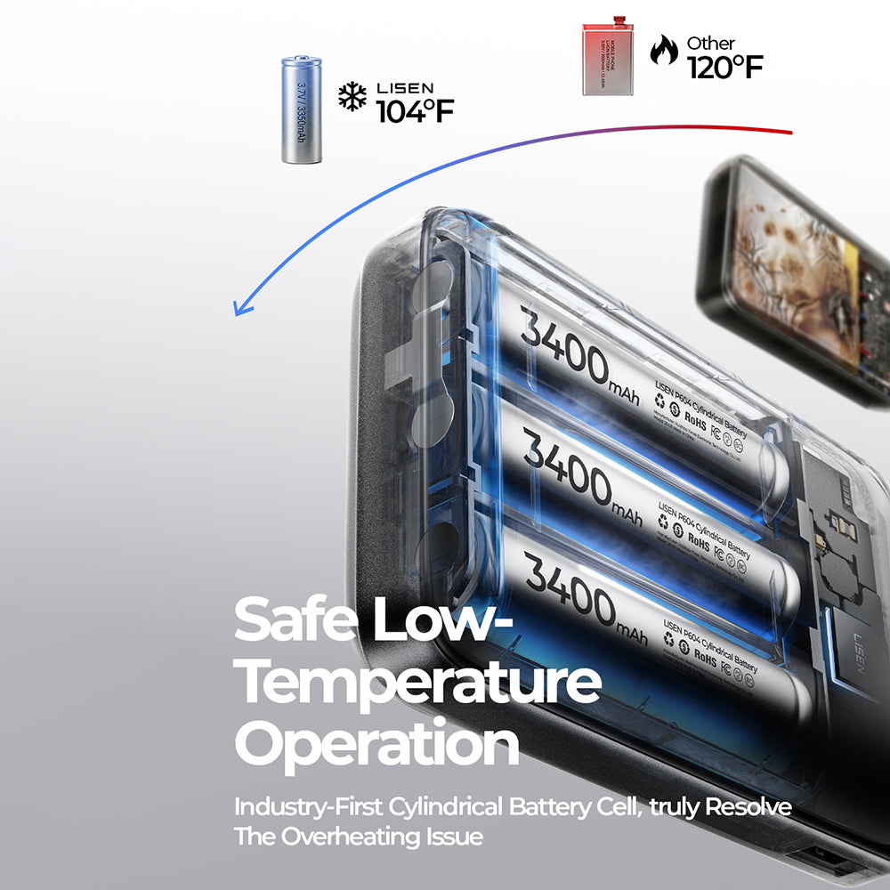 Batería Externa Inalámbrica Lisen P604, 10000mAh, 65W, QC + PD + FQI, 1 x QI - 1 x USB-A - 1 x USB-C, Negra