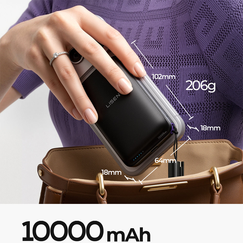 Batería Externa Inalámbrica Lisen P604, 10000mAh, 65W, QC + PD + FQI, 1 x QI - 1 x USB-A - 1 x USB-C, Negra