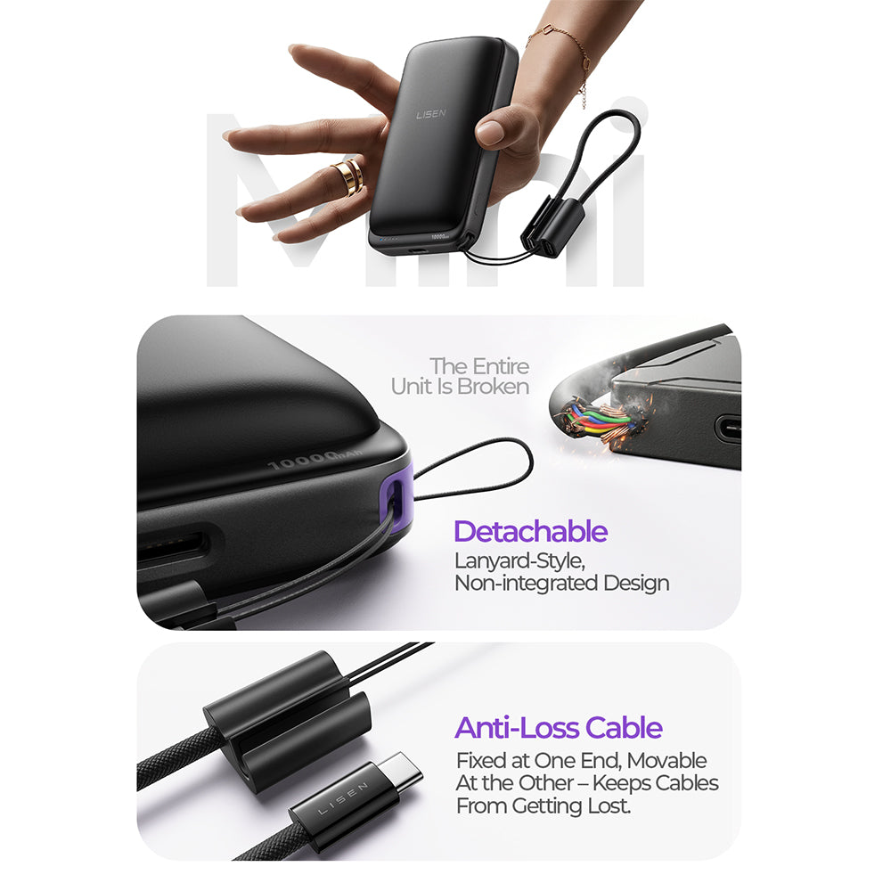 Batería Externa Inalámbrica Lisen P604, 10000mAh, 65W, QC + PD + FQI, 1 x QI - 1 x USB-A - 1 x USB-C, Negra