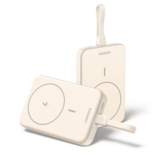 Batería Externa Inalámbrica UGREEN PB760, 10000mAh, 20W, PD + FQI, 1 x QI - 1 x USB-C, Beige