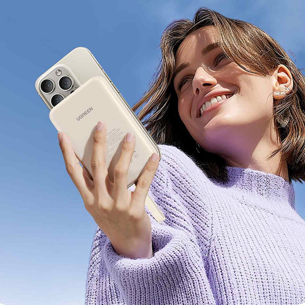 Batería Externa Inalámbrica UGREEN PB760, 10000mAh, 20W, PD + FQI, 1 x QI - 1 x USB-C, Beige