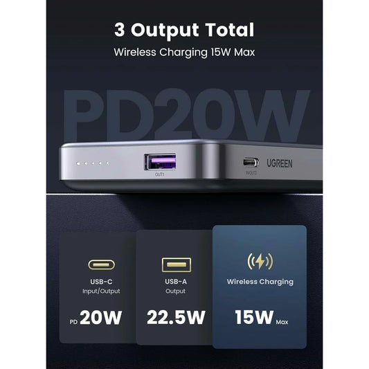 UGREEN PB206 Batería externa inalámbrica, 10000mAh, 20W, QC + PD + FQI, 1 x QI - 1 x USB-A - 1 x USB-C, Gris