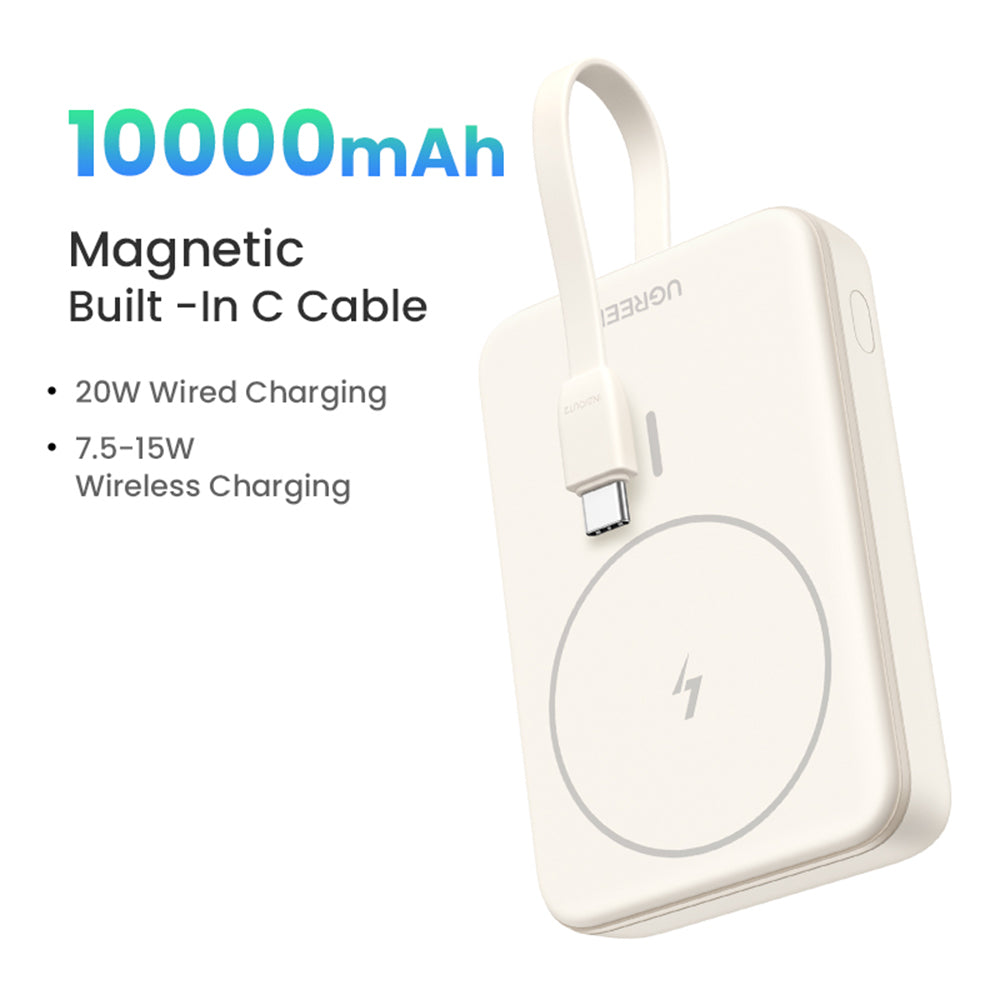 Batería Externa Inalámbrica UGREEN PB760, 10000mAh, 20W, PD + FQI, 1 x QI - 1 x USB-C, Beige