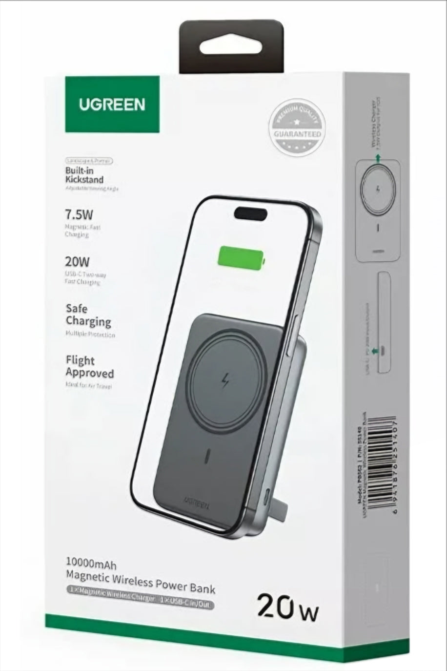 Batería Externa Inalámbrica UGREEN PB561, 10000mAh, 20W, PD + FQI, 1 x QI - 1 x USB-C, Negra