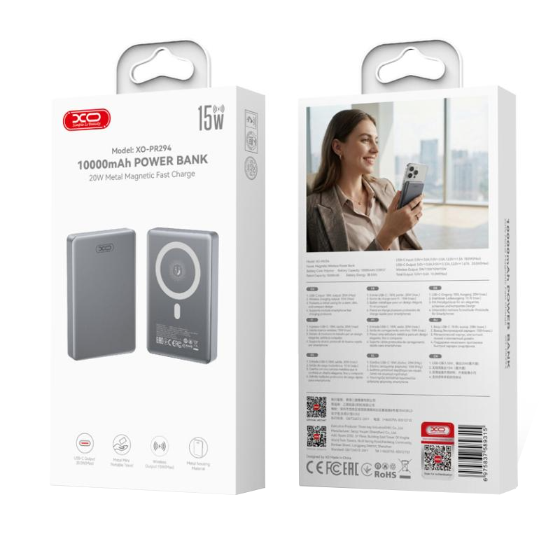Batería Externa Inalámbrica XO Design PR294, 10000mAh, 20W, PD + FQI, 1 x QI - 1 x USB-C, Gris