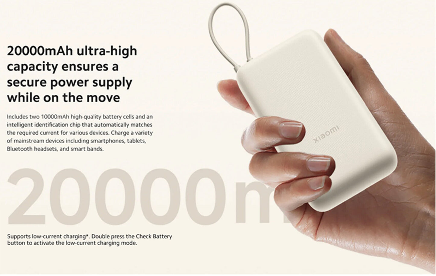 Batería Externa Xiaomi, 20000mAh, 33W, QC + PD, 1 x USB-A - 2 x USB-C, Beige BHR8851GL