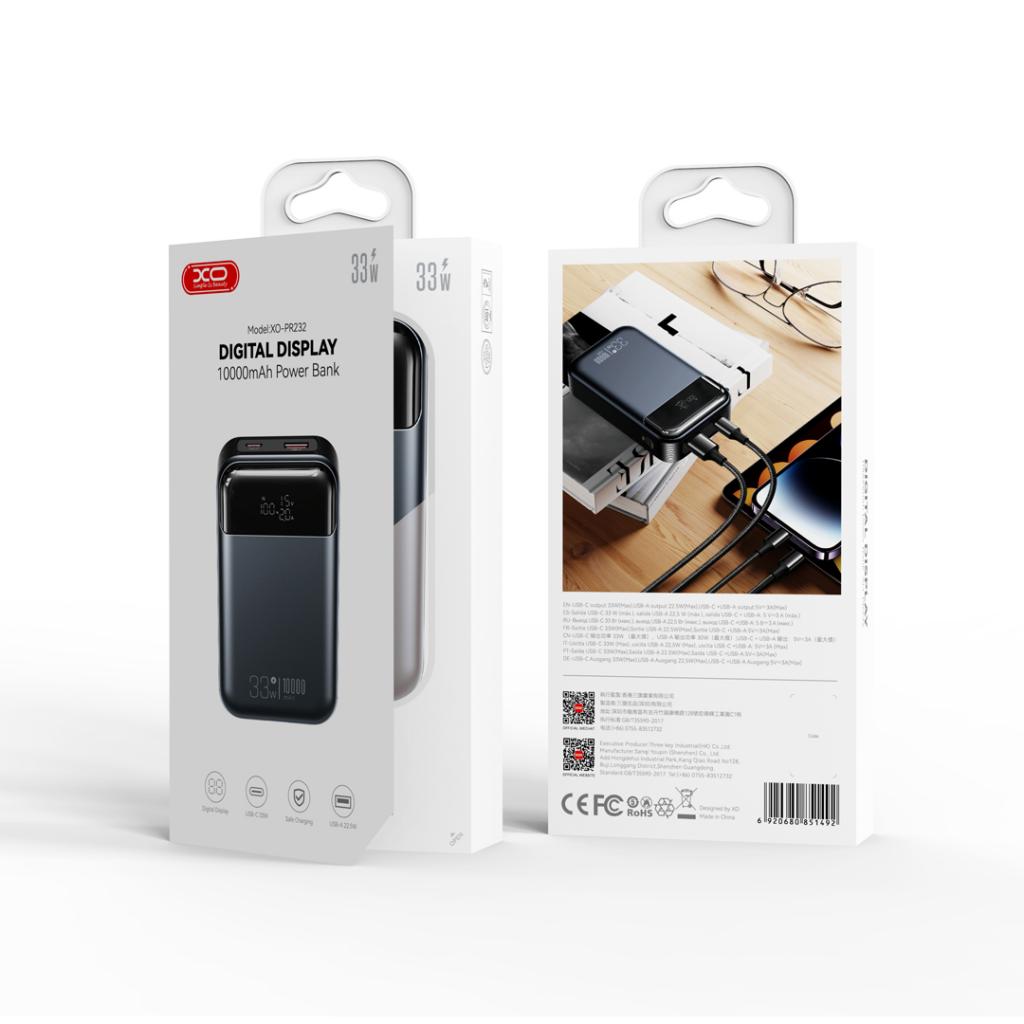 Batería Externa XO Design PR232, 10000mAh, 33W, QC + PD, 1 x USB-A - 1 x USB-C, Negra