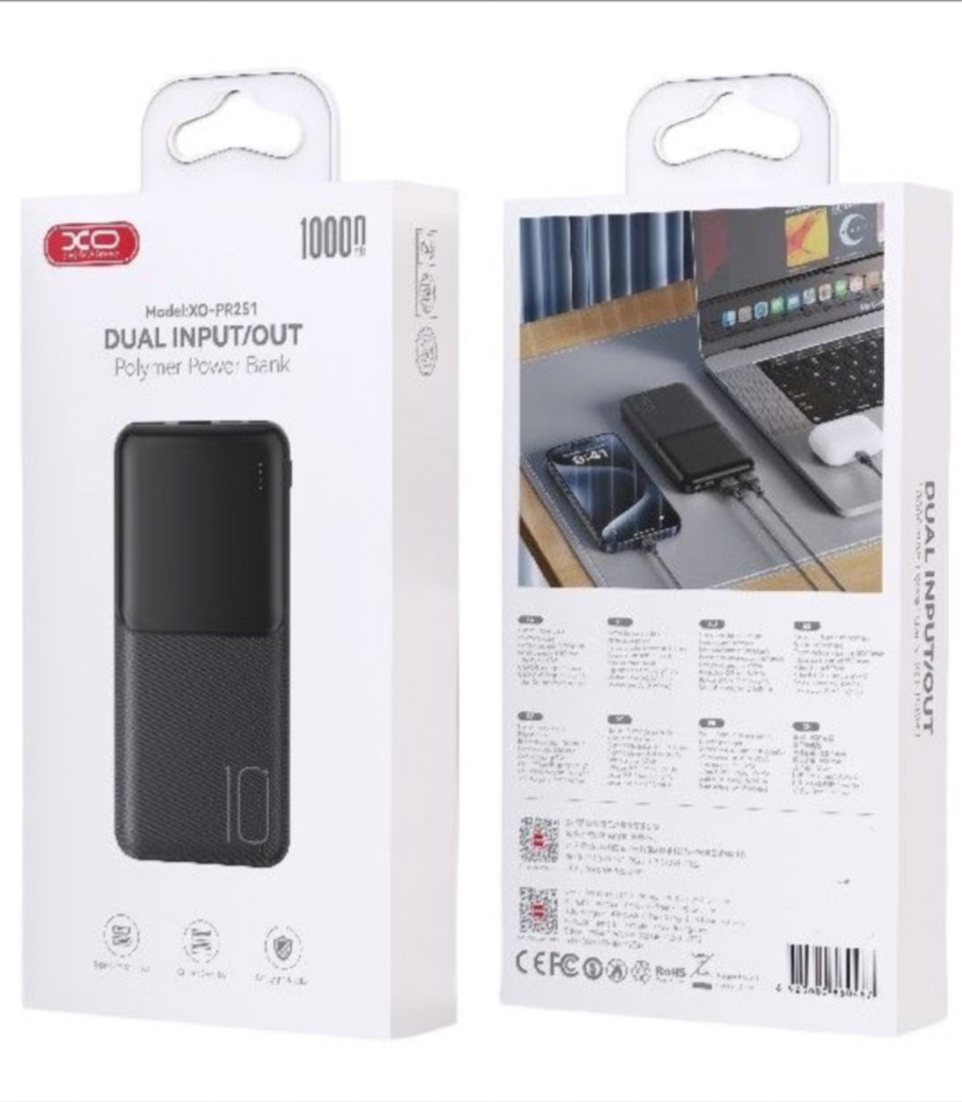 Batería Externa XO Design PR251, 10000mAh, 10W, 2 x USB-A, Negra