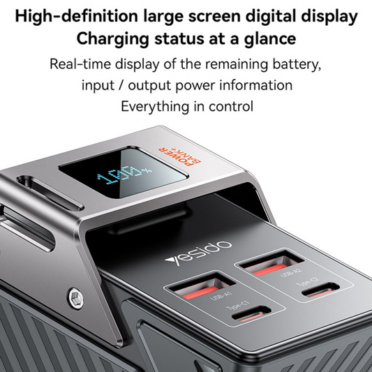 Batería Externa Yesido YP62, 30000mAh, 22.5W, QC + PD, 2 x USB-A - 2 x USB-C, Negra