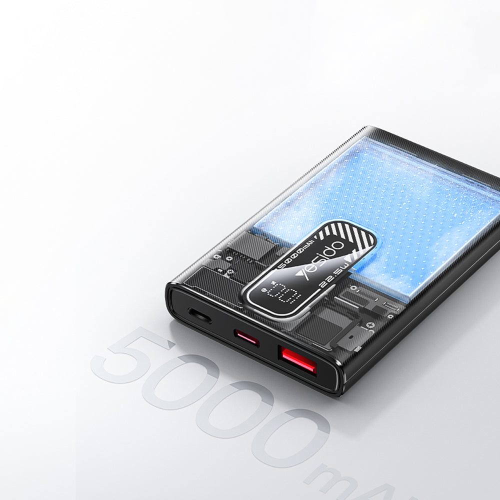 Batería Externa Yesido YP92, 5000mAh, 22.5W, QC + PD, 1 x USB-A - 1 x USB-C, Negra